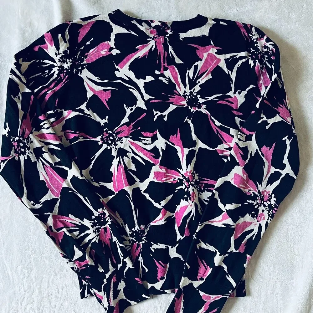 AK ANNE KLEIN Womens Cardigan Sweater M Silk blend Long Sleeve Floral Black Pink